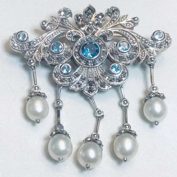Dallas Prince Blue Topaz Pearl and Chrome Marcasite Brooch / Pendant - Picture 1 of 11
